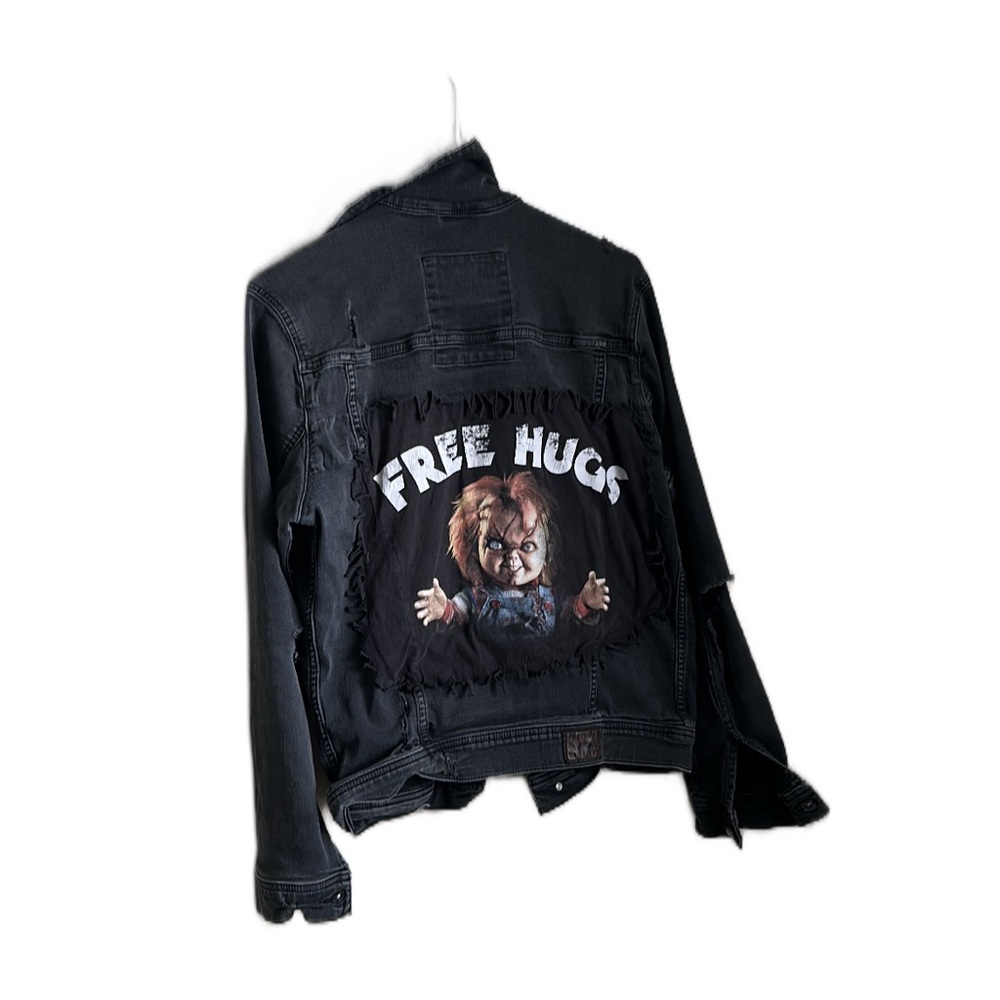 Black Kids Denim Jacket with 'Free Hugs' Chucky Graphic